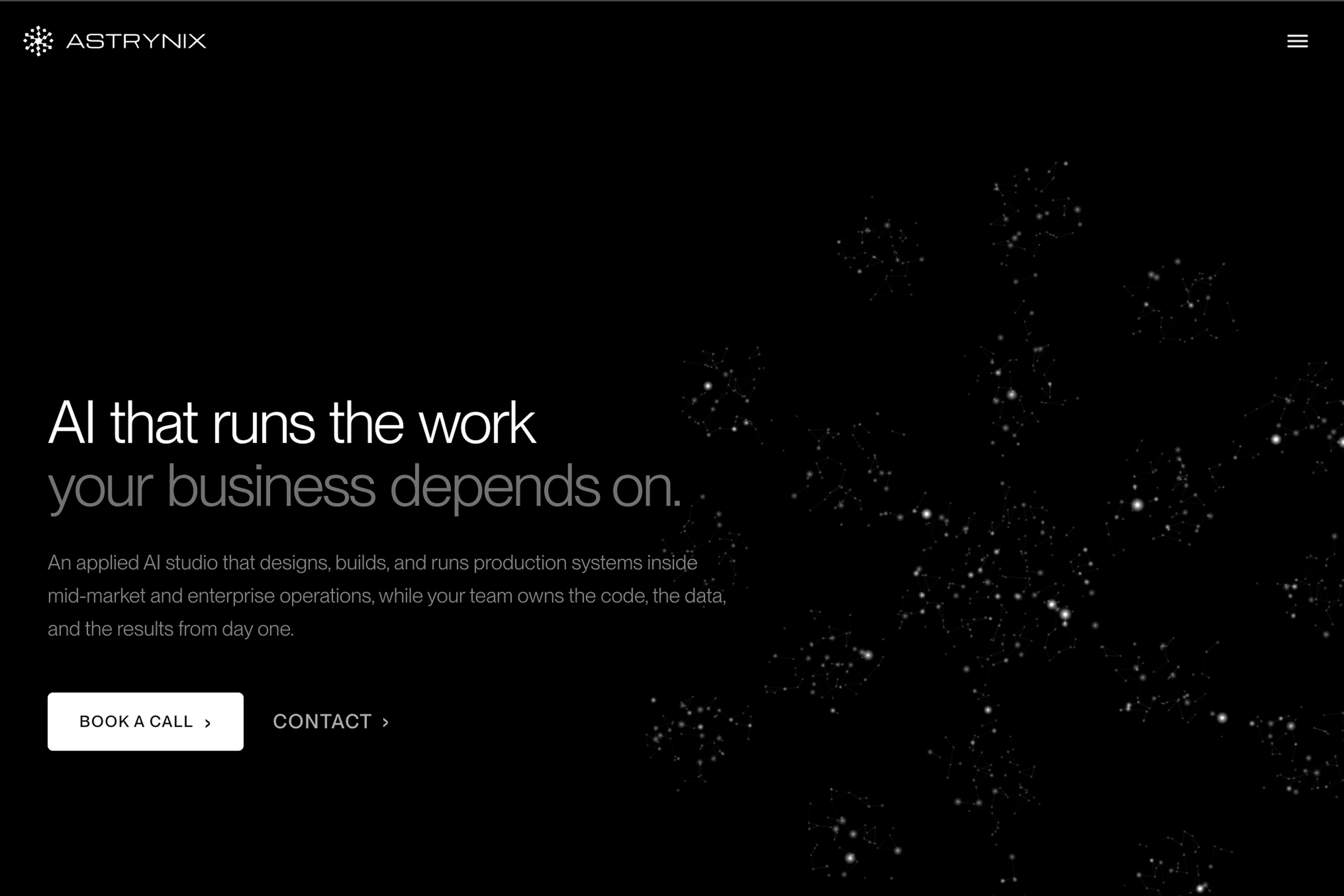 Astrynix dark landing page with the headline AI that runs the work, a white logo, and a glowing neural network visualization