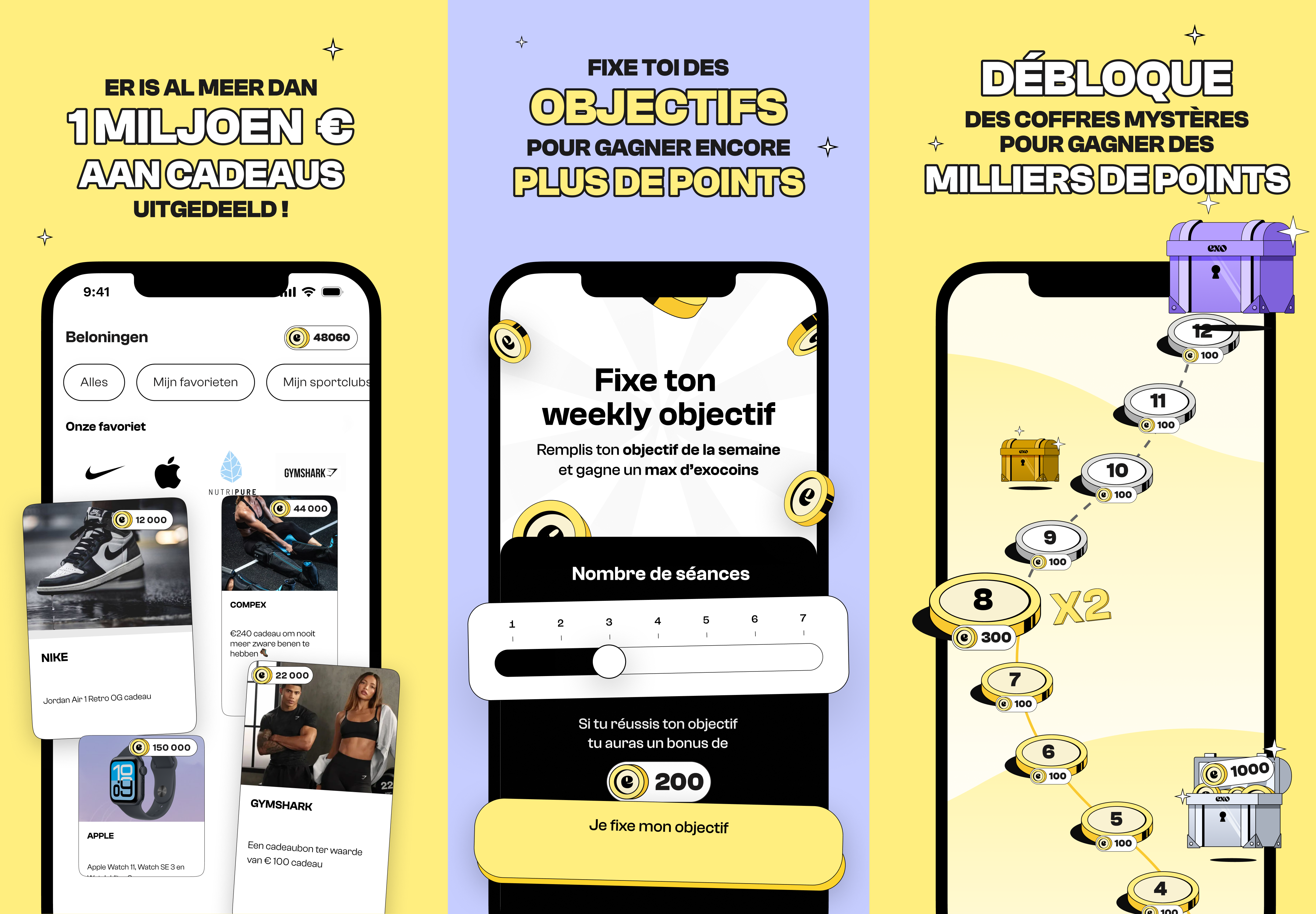 Three Exo mobile reward screens showing a fitness marketplace, weekly activity goals, and mystery-box progress