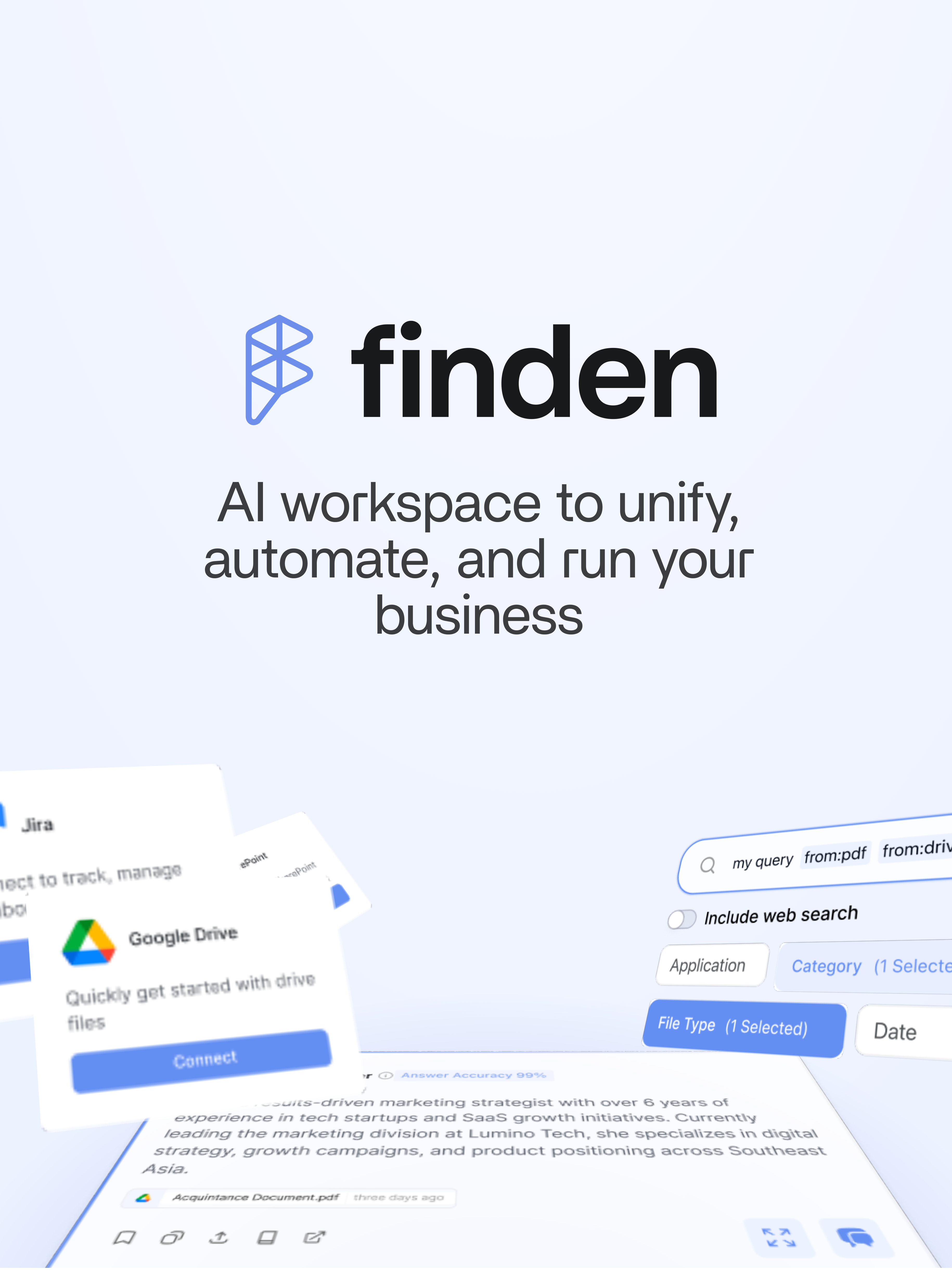 Finden AI workspace with connected app cards, a query bar, file filters, and an AI-generated document preview