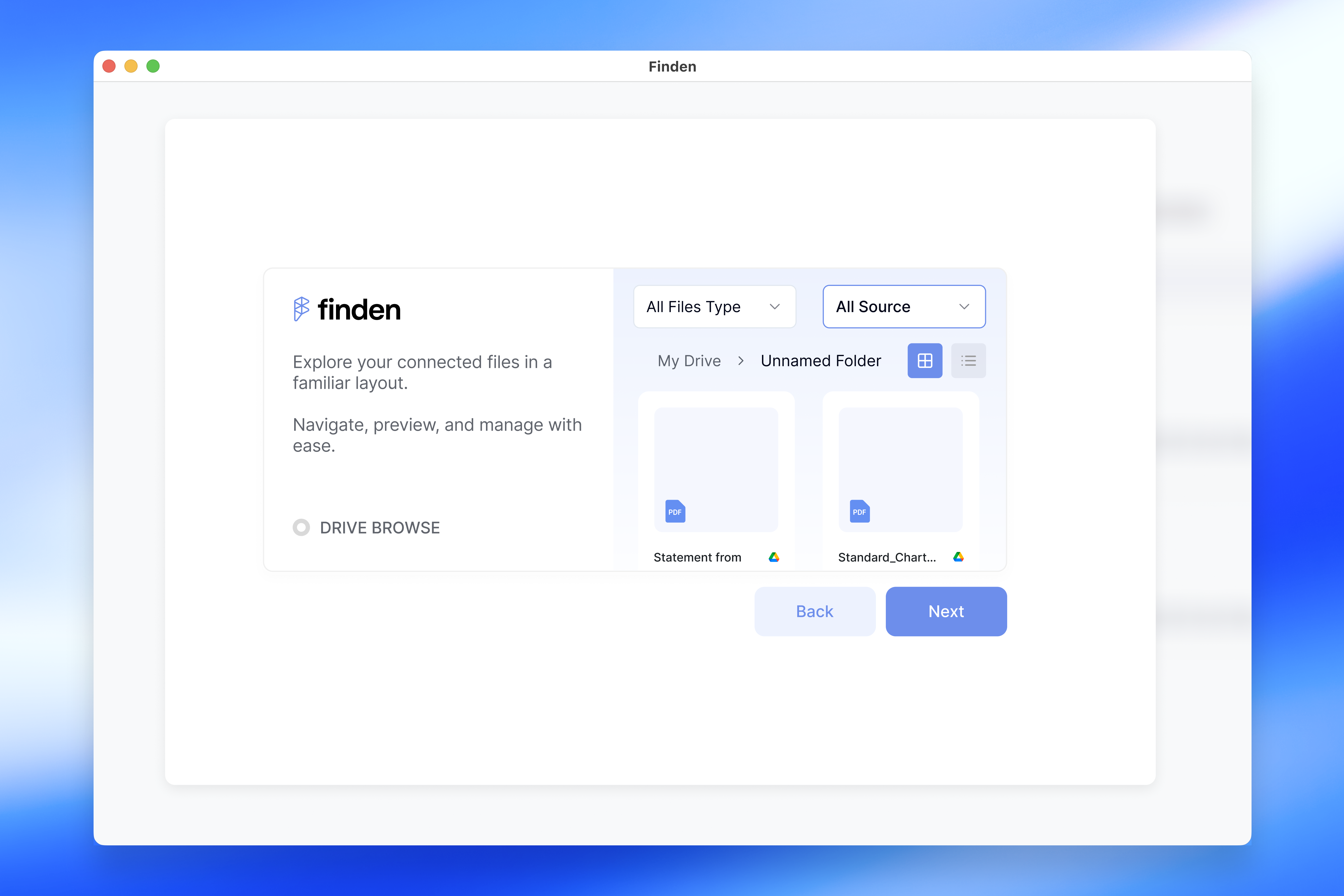 Finden desktop file browser showing connected Drive files, source filters, grid and list controls, and Back and Next navigation