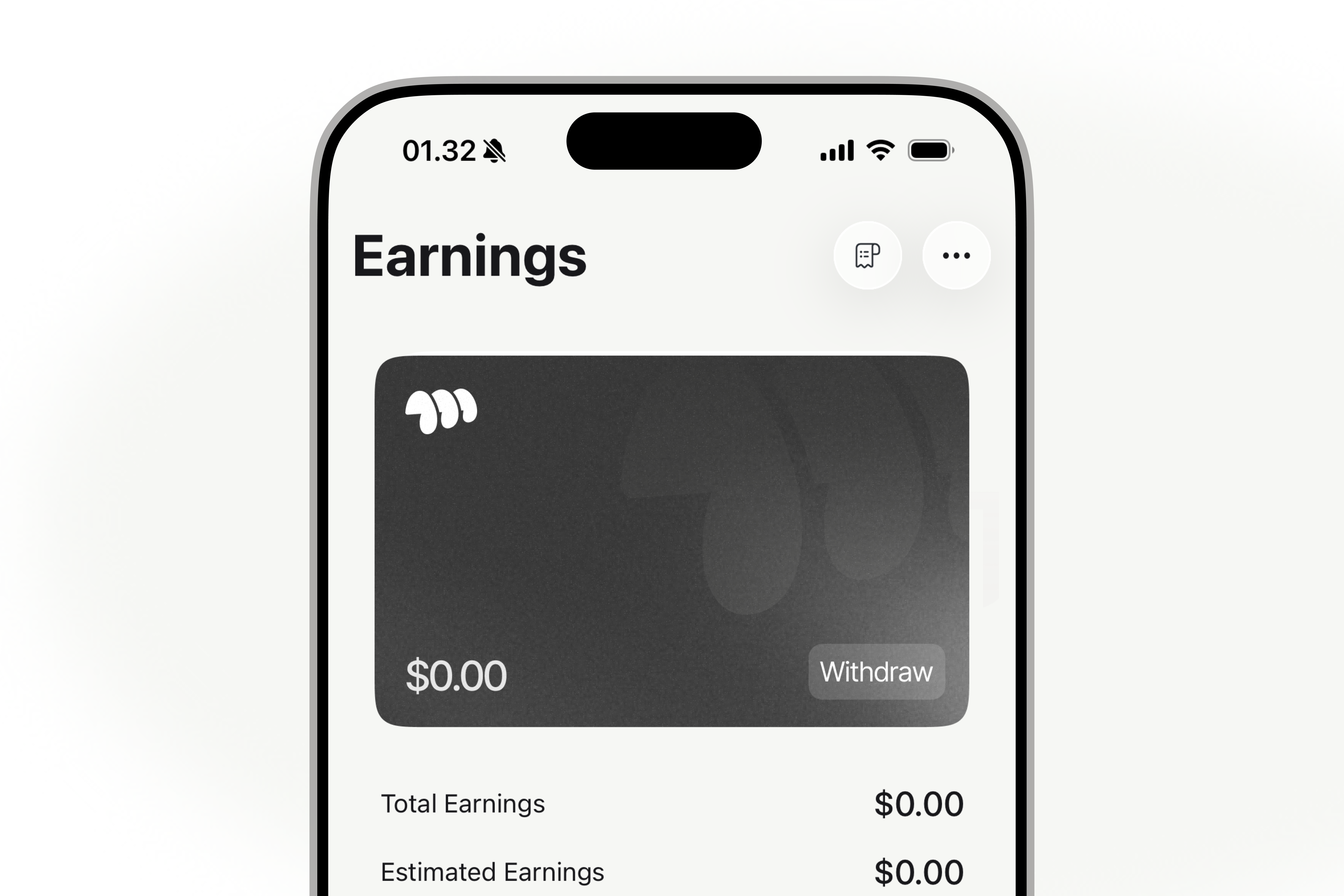 Close-up of a MOOSYC Earnings mobile screen with a dark available-balance card, $0.00 balance, Withdraw action, and total and estimated earnings
