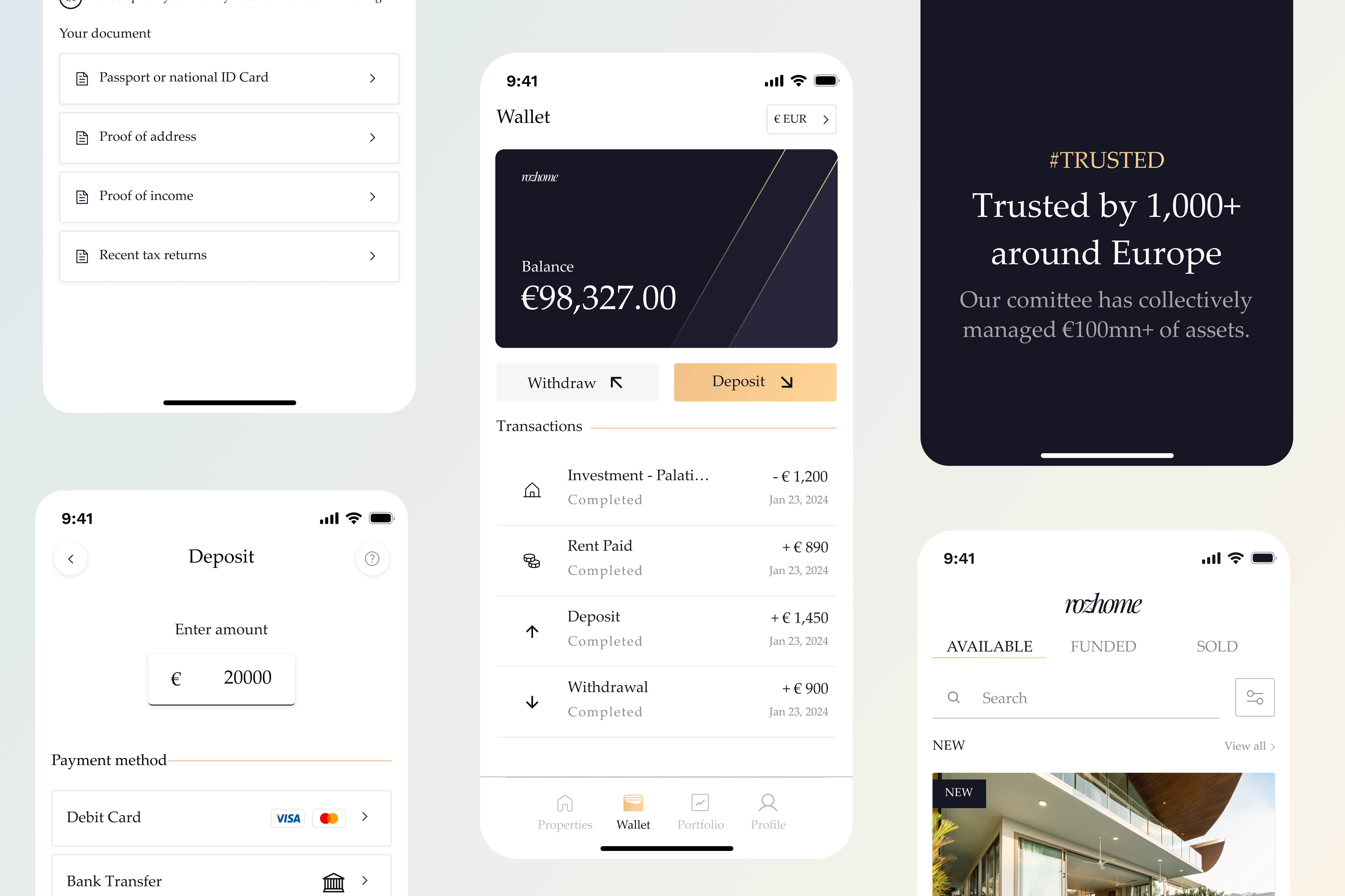 Rozhome mobile product screens showing document verification, a euro wallet with transactions, investment trust messaging, and property discovery