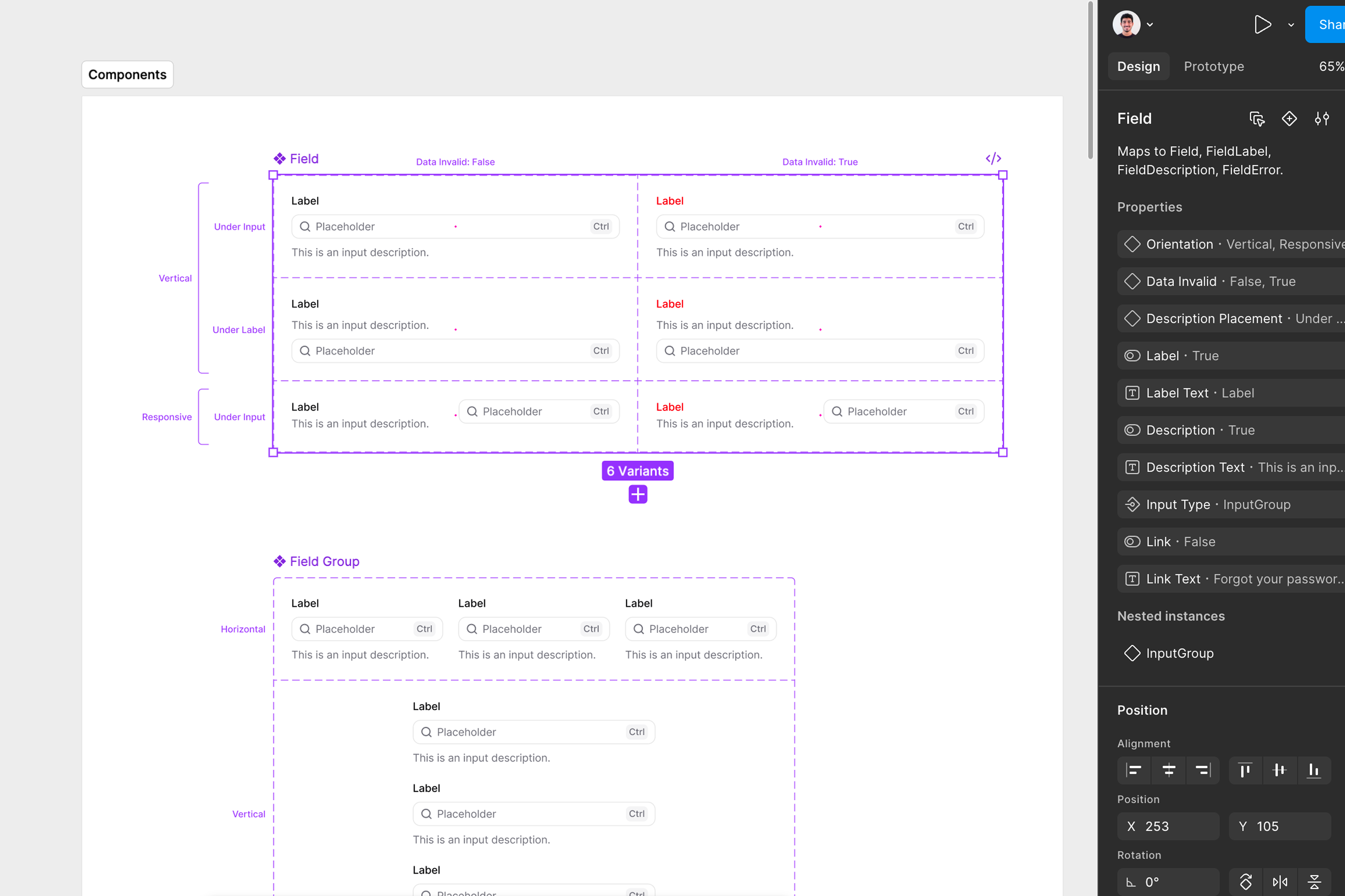 Figma Field component set showing valid and invalid states, description placement options, and responsive horizontal and vertical field groups