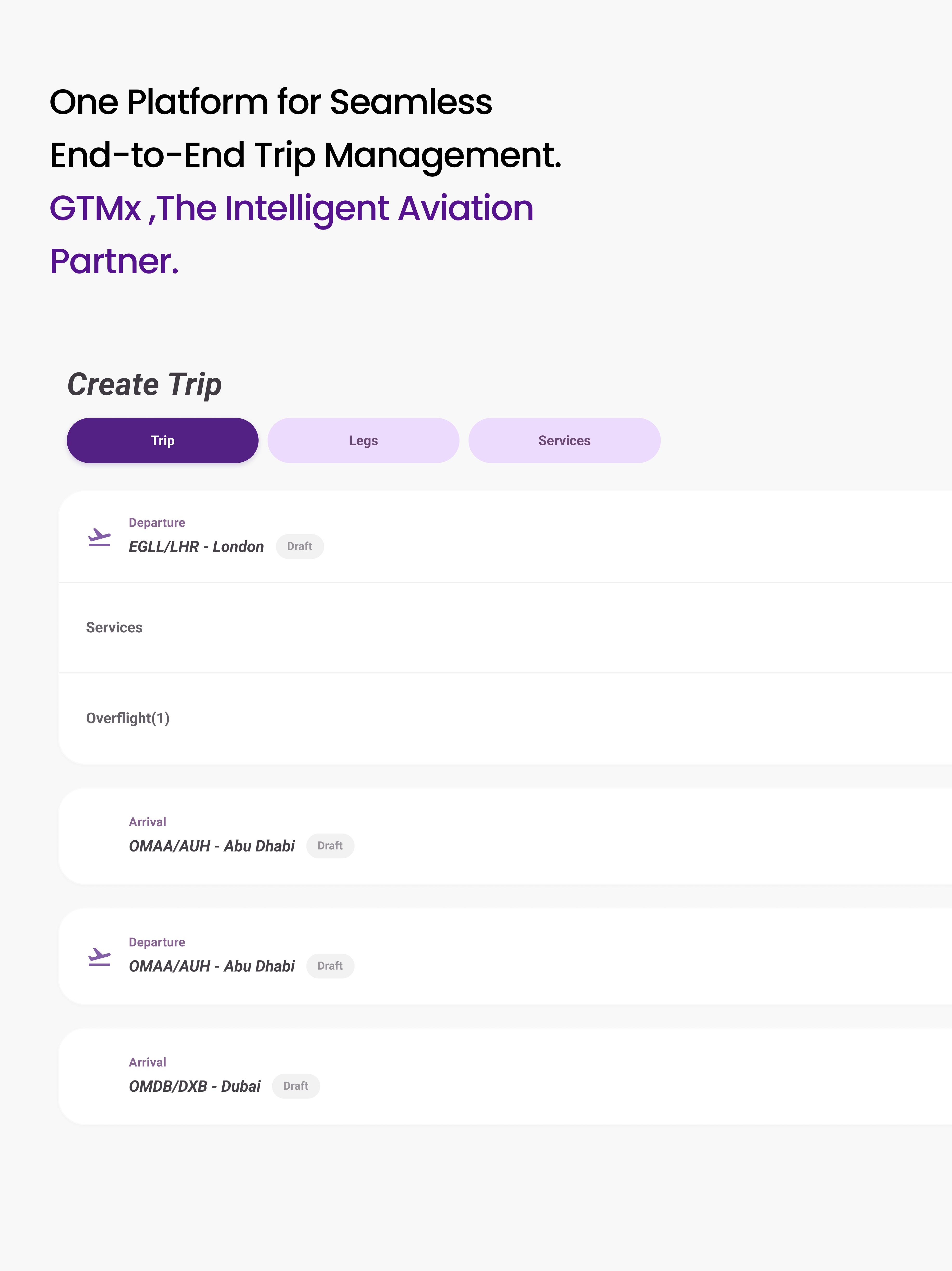 Create Trip interface with Trip, Legs, and Services tabs and draft flight legs connecting London, Abu Dhabi, and Dubai